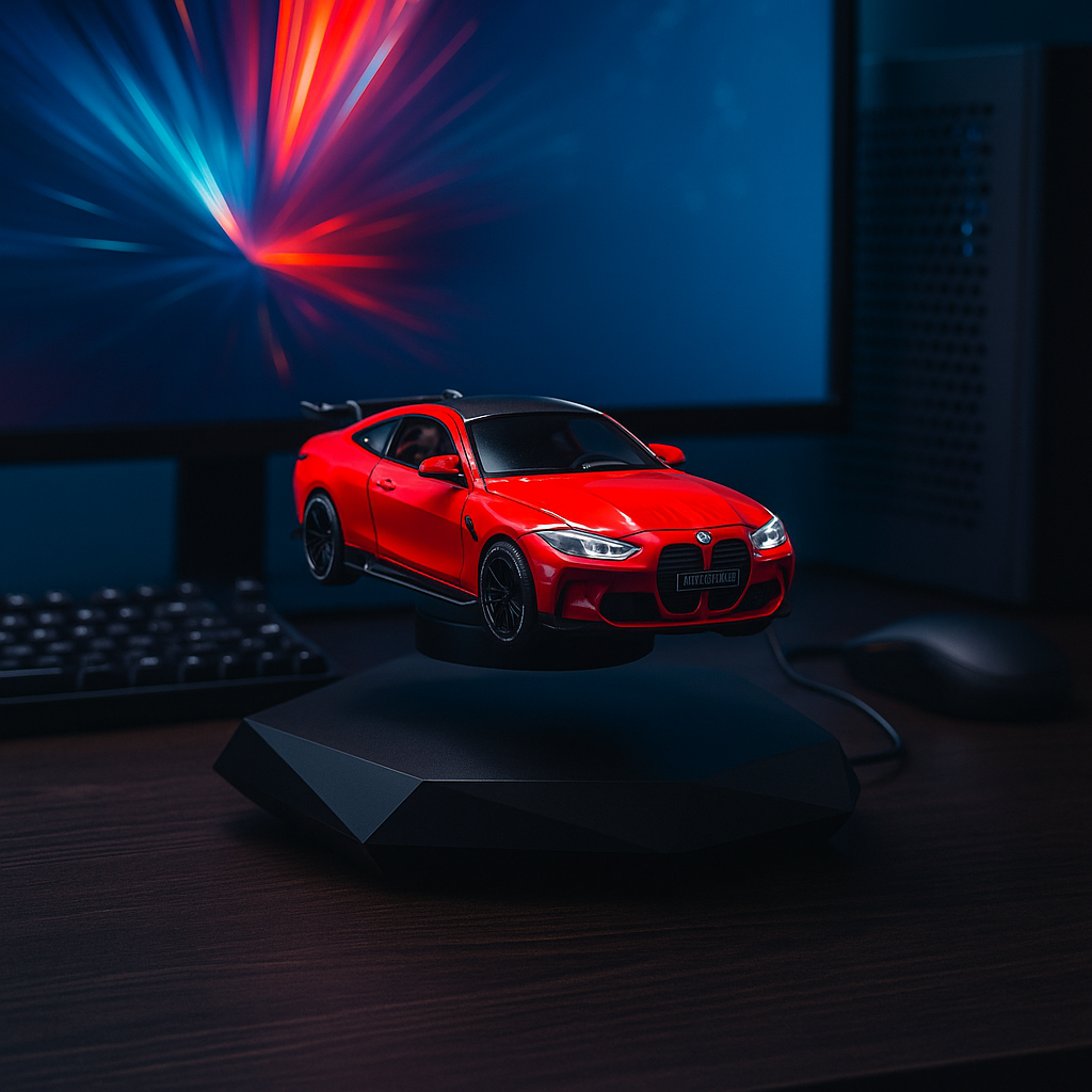 Red car model on a dark surface with a computer monitor in the background